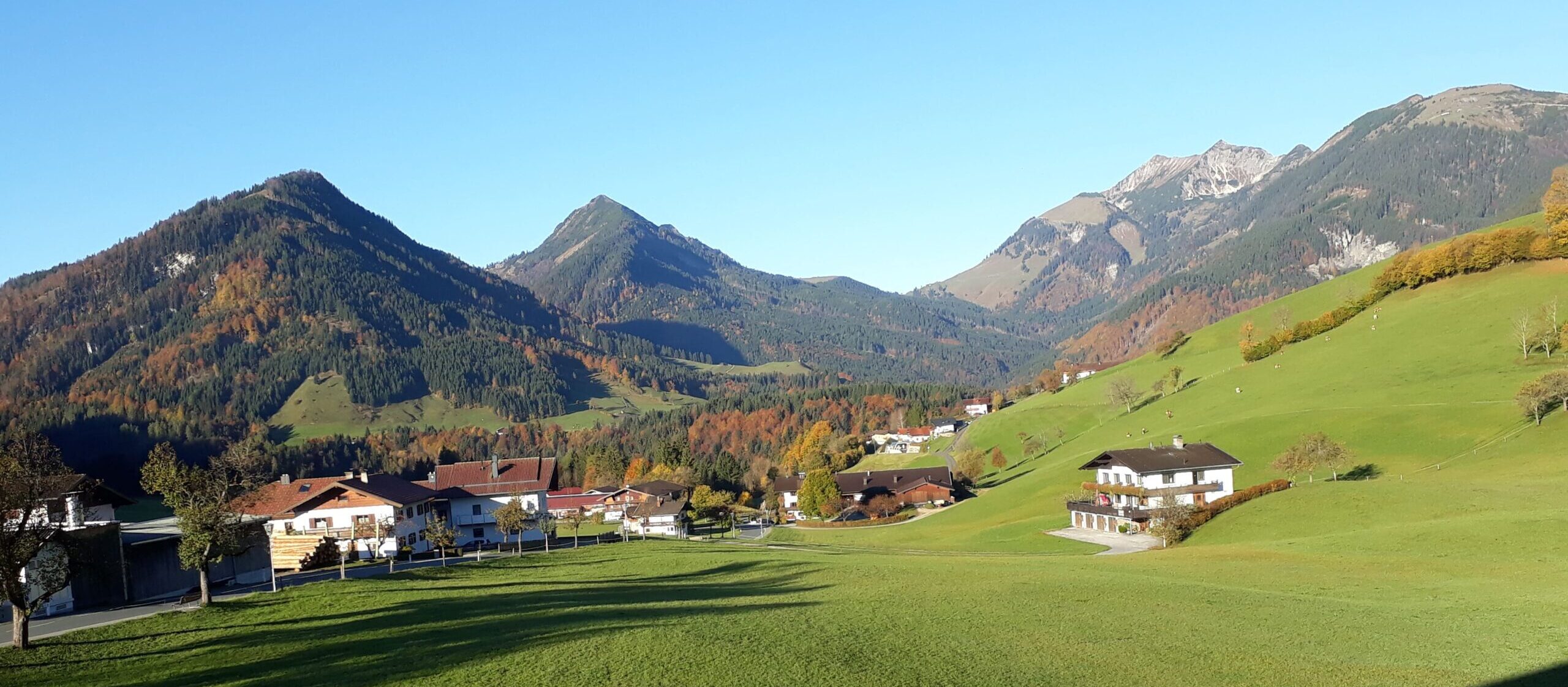 Blick auf Berge und Almhütte mit grüner Wiese im Vordergrund